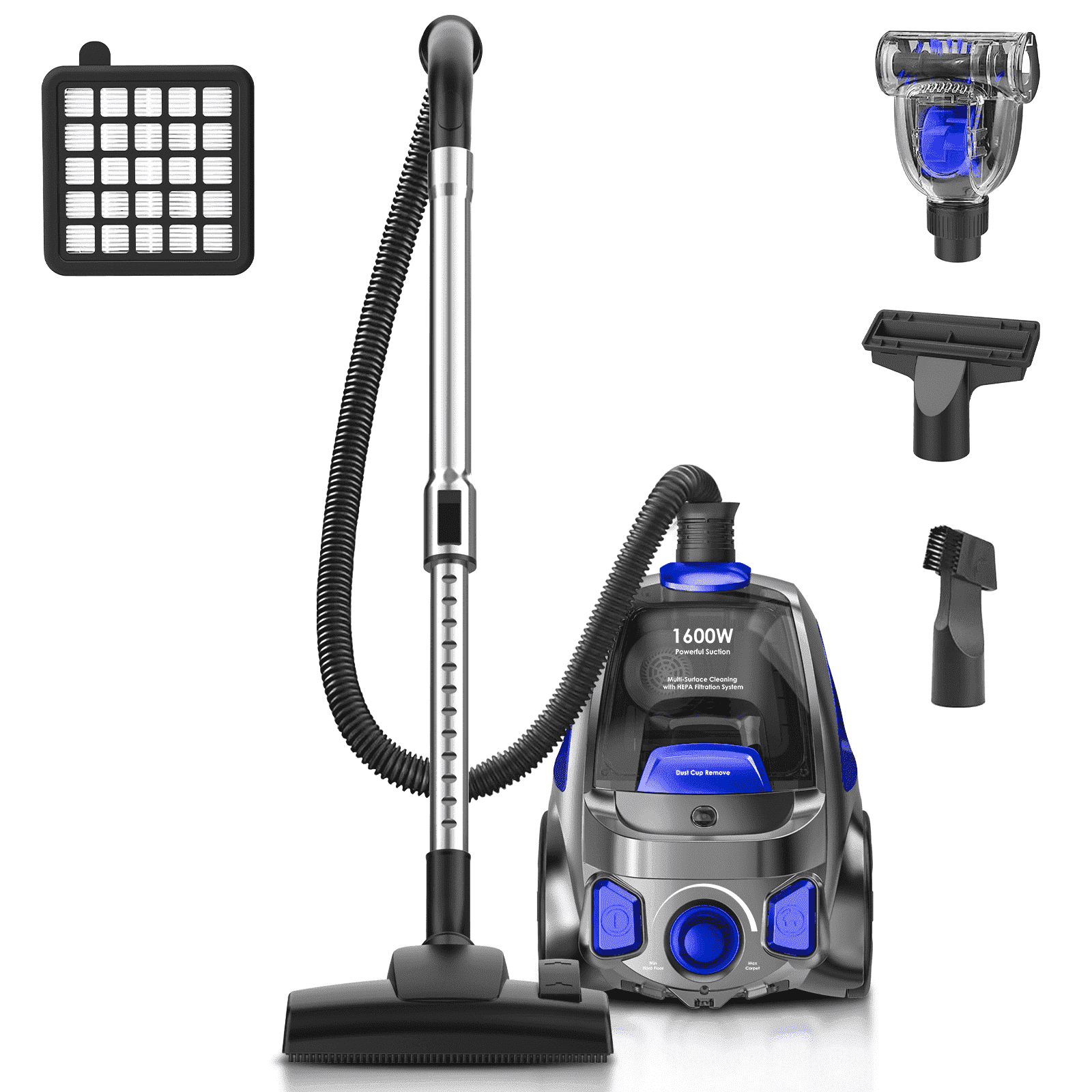 Canister Vacuum Cleaner, 32Kpa 1600W Bagless Vacuum Cleaner, Dust Full Indicator, H13 HEPA Filter, 3.7Qt Large Capacity, Lightweight Vac for Hard Floors, Carpet, Pet, Upholstery, Blue